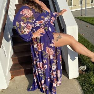 Fashion Nova Blue Floral Long Sleeve Dress